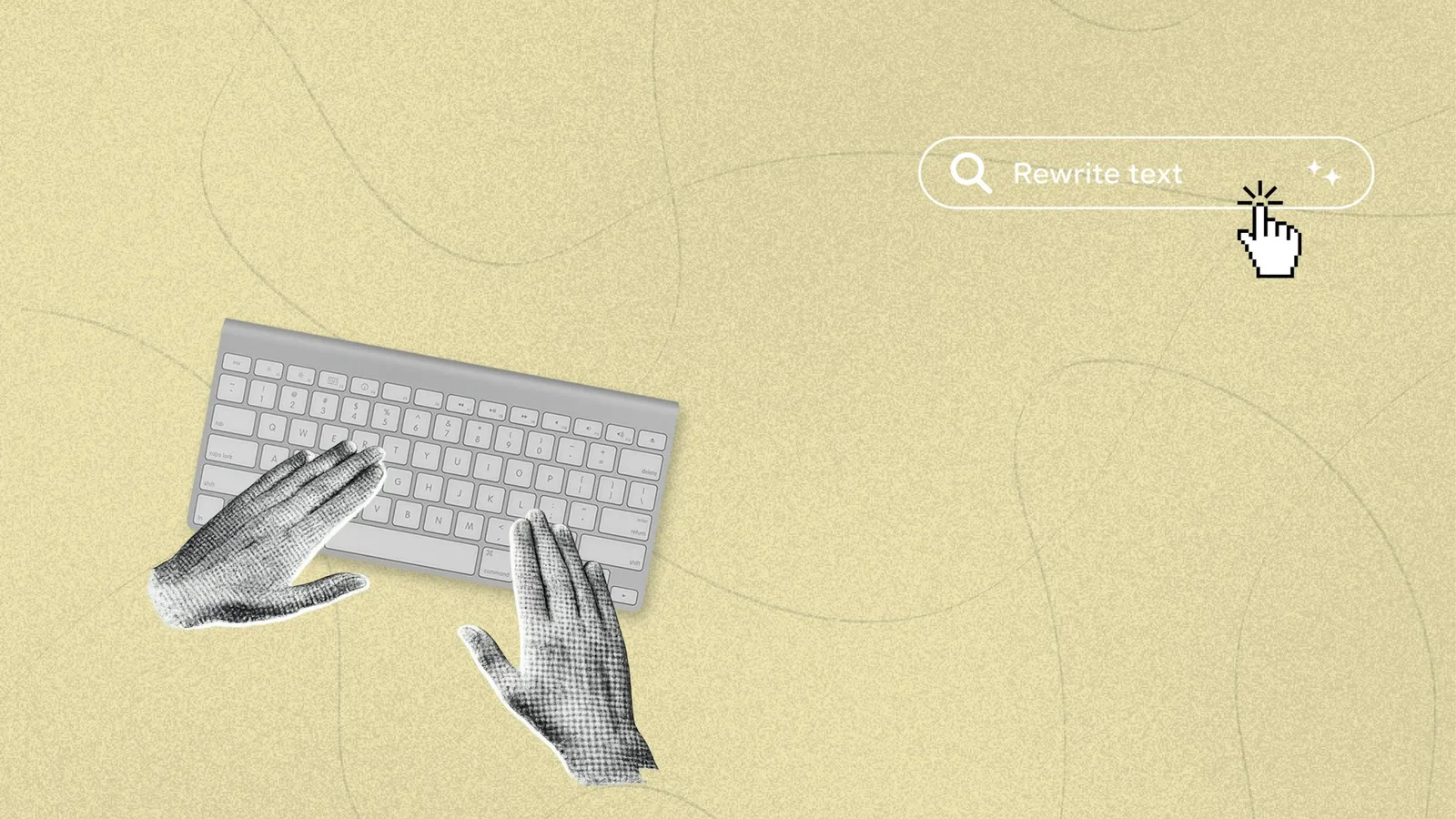 灰階雙手在白色鍵盤上打字,游標點擊「Rewrite text」搜尋列,象徵企業可以先按工作類別找出 AI 的用途