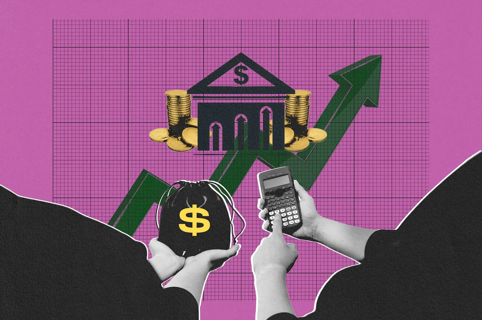 兩隻手分別拿着錢袋和計算機,背後是銀行、金幣和上升箭嘴,提醒選擇工具時要檢查價格和資料如何管理