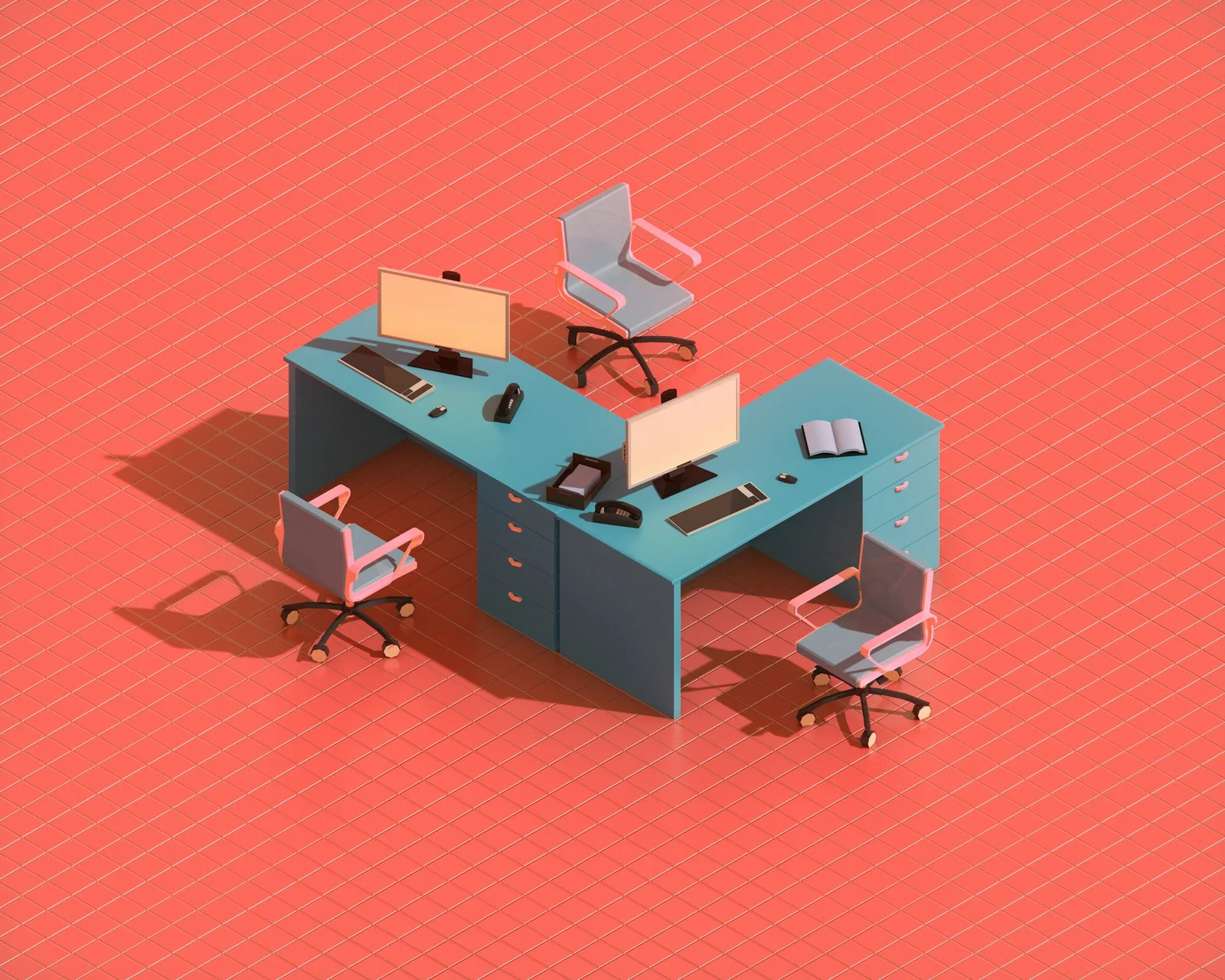 An isometric 3D office on a coral floor with two teal desks, monitors and phones, where each business function can use AI