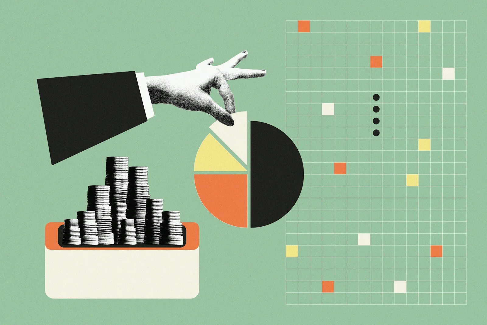 A hand lifting a slice from a pie chart beside stacked coins and a grid, the everyday tasks AI tools for business can support