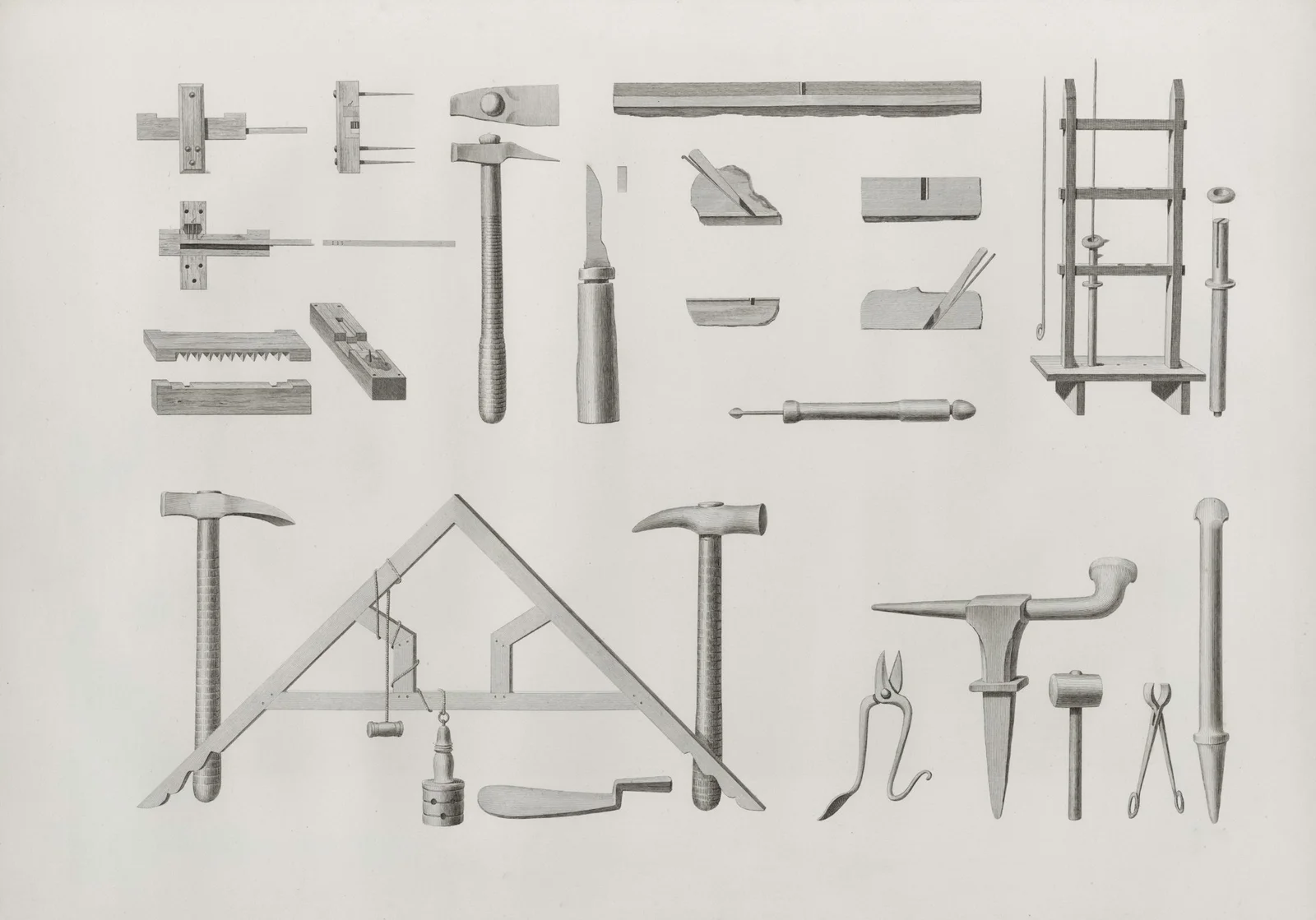 A vintage engraving of hammers, planes, saws, pliers and an anvil, like the many categories of AI tools for business