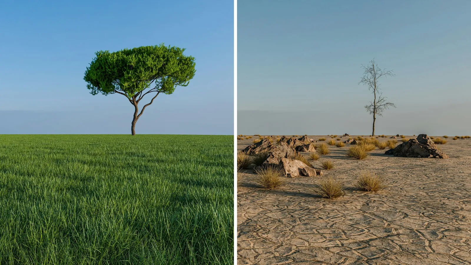 Split view of a lush green tree beside a barren dead tree, like choosing accounting software by scenario