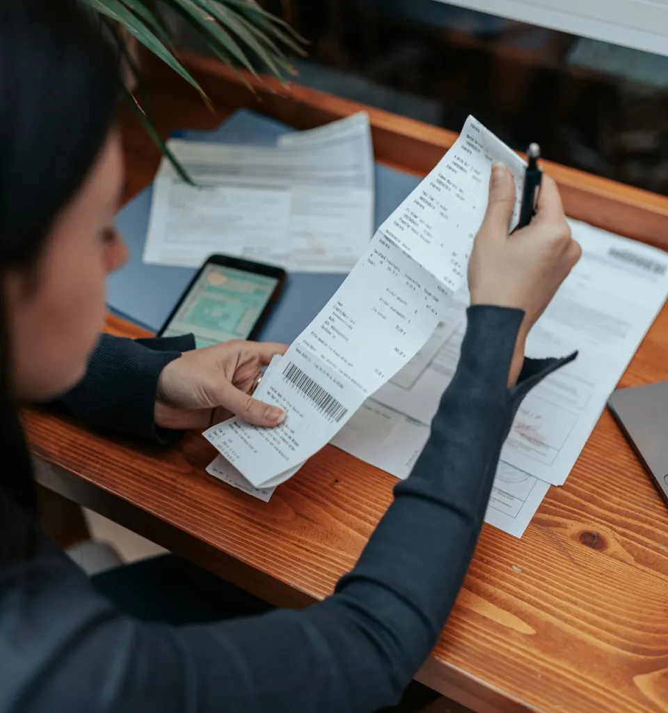Overhead view of someone reviewing paper receipts and invoices at a desk